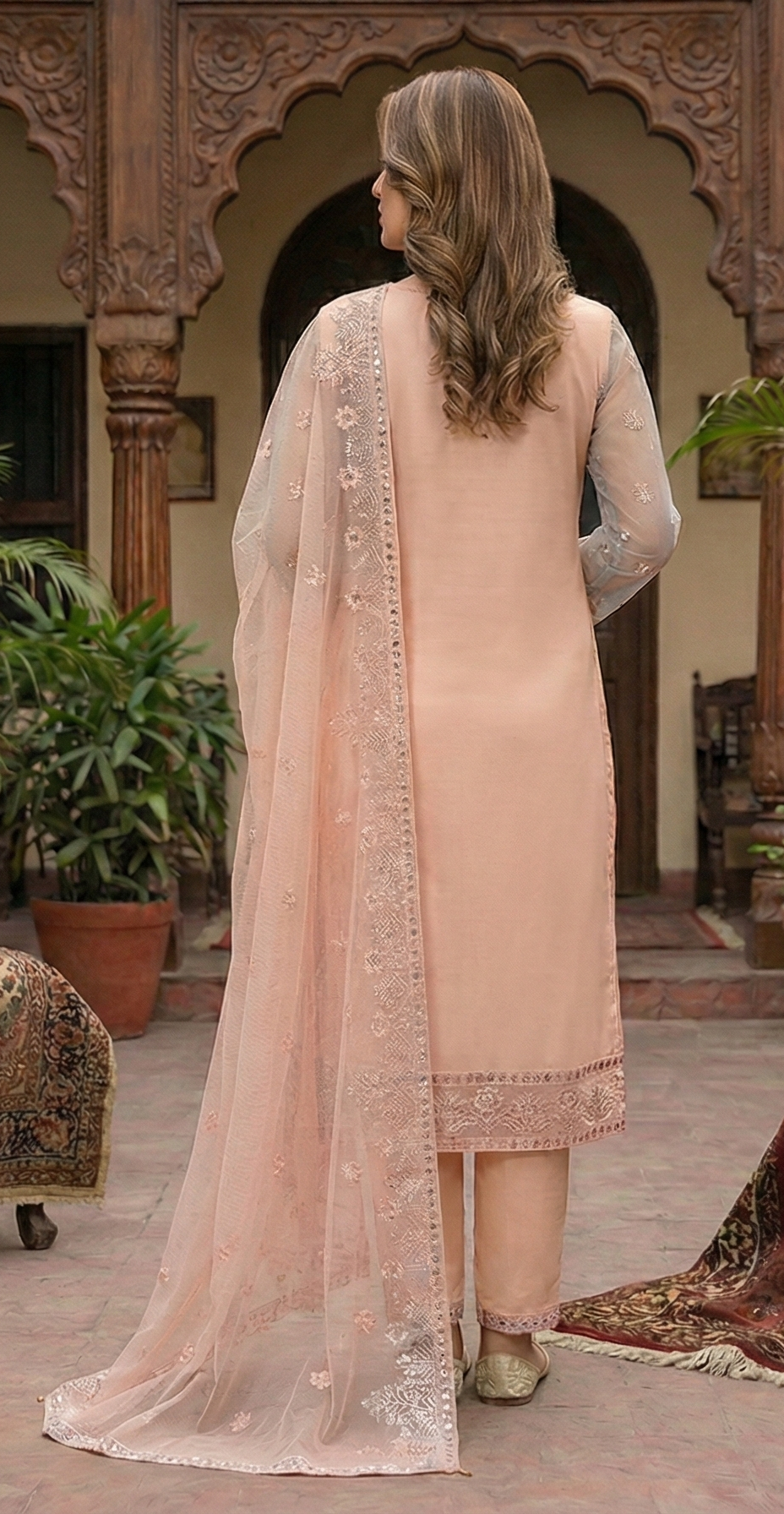 Peach Color Khaadi Net Stitched 3PC Suit with Handmade Neckwork