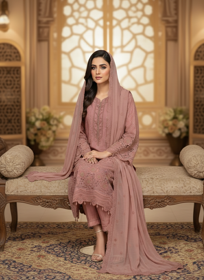 Stitched Mustard Linen 3D Flower Work Handmade Suit - Zari Collections