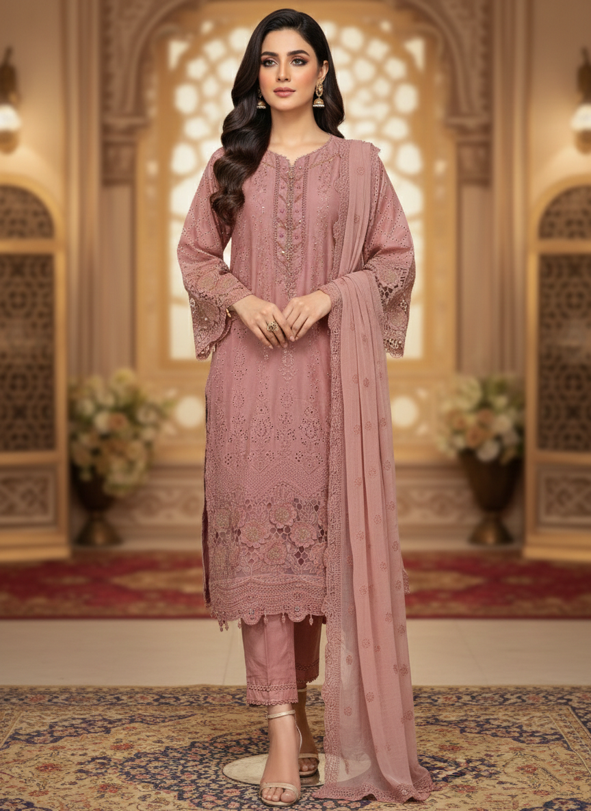 Stitched Mustard Linen 3D Flower Work Handmade Suit - Zari Collections