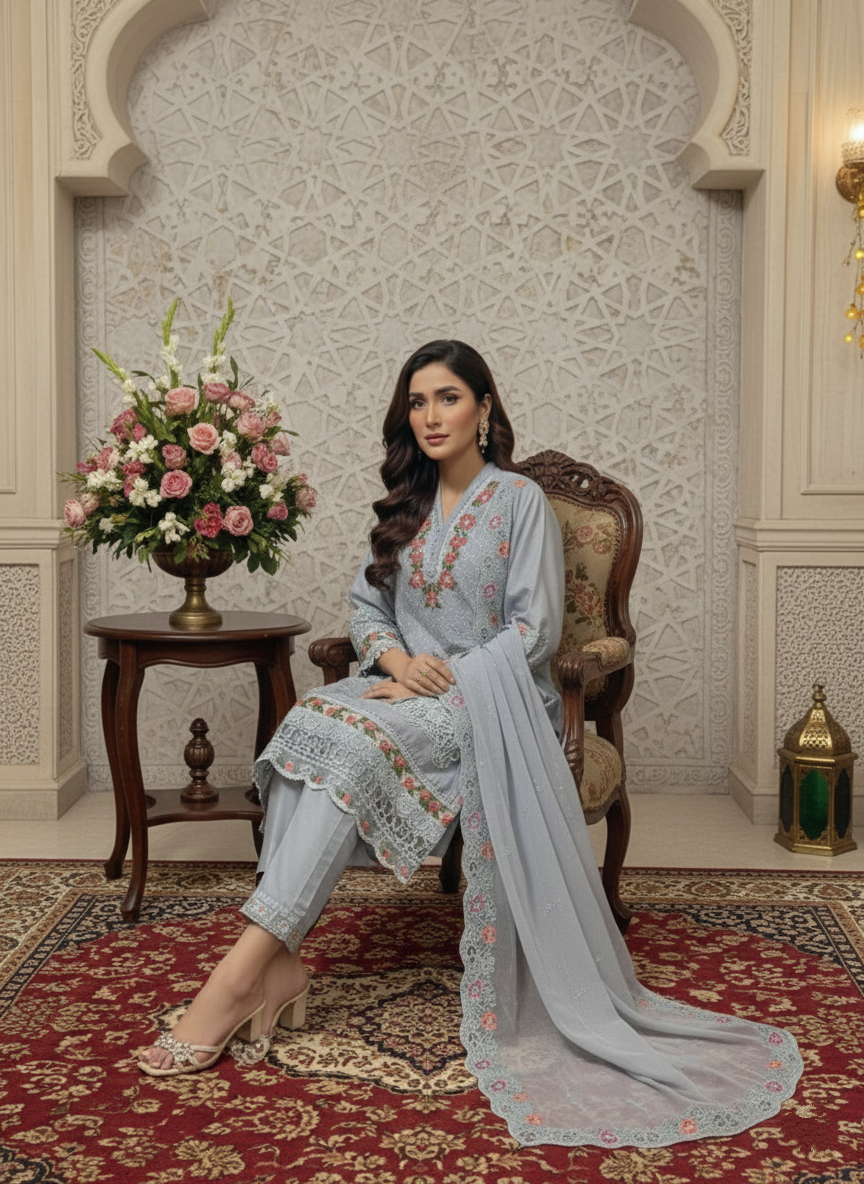Stitched Dusty Blue-Grey Patchwork Lawn Suit – 4-Side Embroidered Chiffon Dupatta