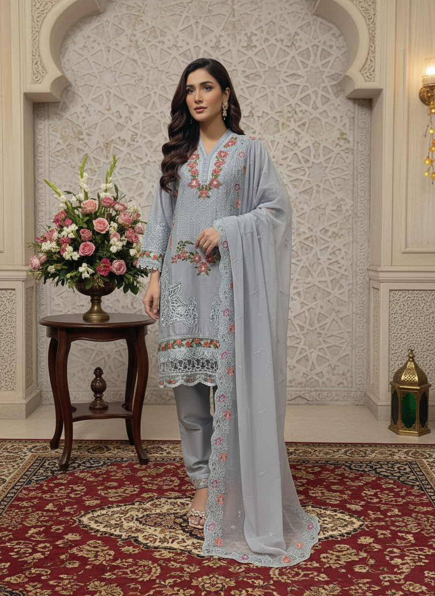 Stitched Dusty Blue-Grey Patchwork Lawn Suit – 4-Side Embroidered Chiffon Dupatta