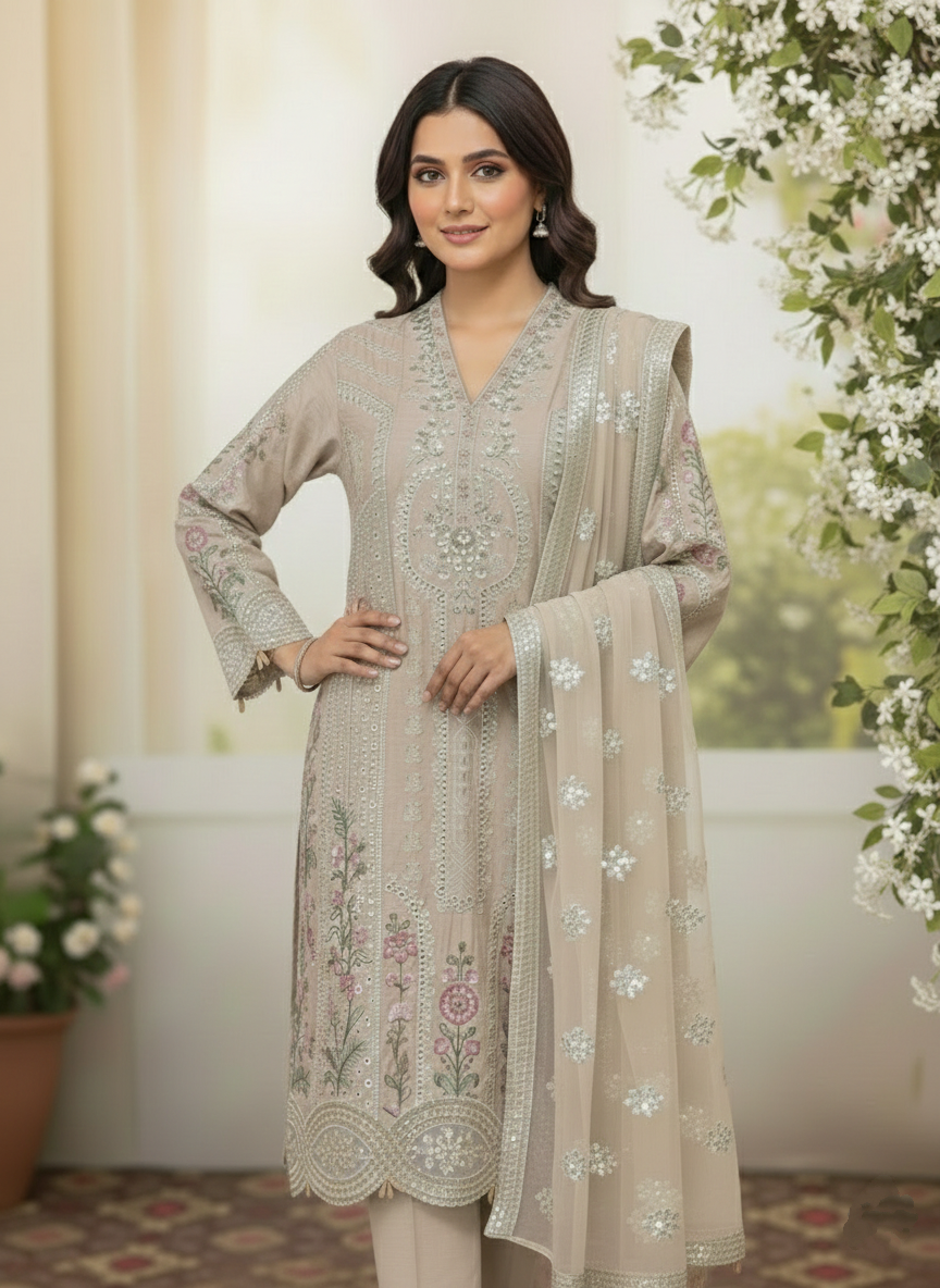 Stitched Emerald Green Embroidered Linen 3PC Suit – Luxury Eid Festive