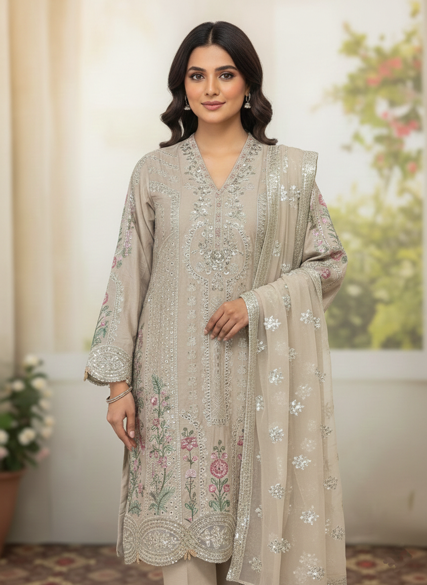 Stitched Emerald Green Embroidered Linen 3PC Suit – Luxury Eid Festive