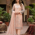 Peach Color Khaadi Net Stitched 3PC Suit with Handmade Neckwork