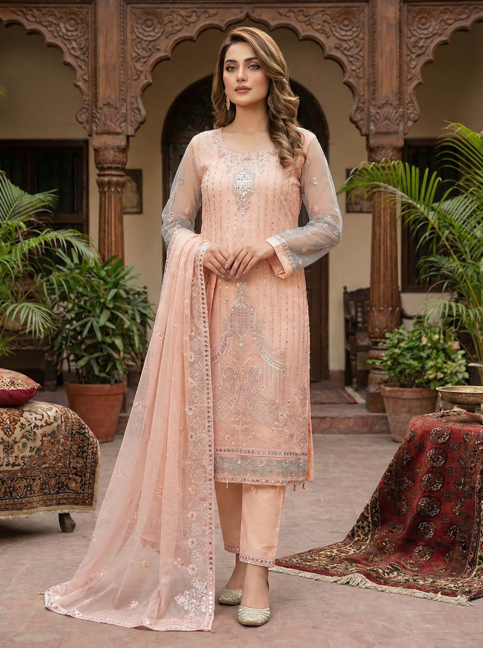 Peach Color Khaadi Net Stitched 3PC Suit with Handmade Neckwork